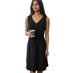 Valerie Stevens Collection Dress Silk Black Vneck Ruffle Sleeveless Dress Size 4